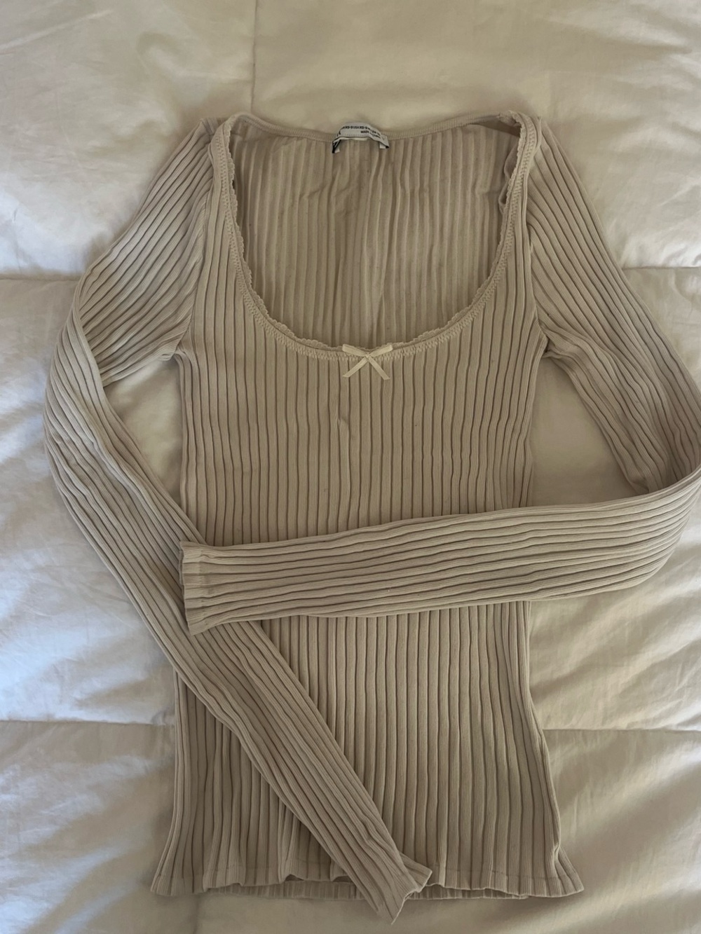 Zara Beige Ribbed Long Sleeve Scoop Neck Tee